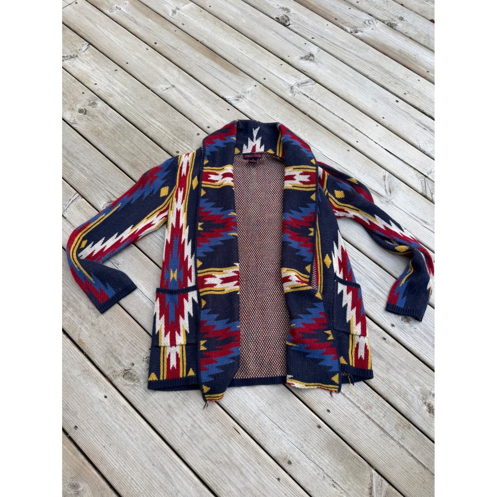Rock & Roll Cowgirl Southwestern Aztec Open Front Cardigan Sweater Navy Small